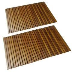 Two rectangular acacia wood bath mats with slatted design and non-slip backing, 31.5x19.7 inches.