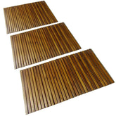 Three acacia wood bath mats with slatted design and non-slip backing, each 31.5x19.7 inches.