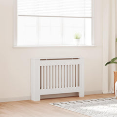 White MDF radiator cover cabinet with slatted design and top shelf, 44.1 inches wide.