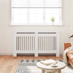 White MDF radiator cover cabinet with a modern slatted design and spacious top shelf.