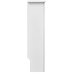 White MDF radiator cover cabinet with a modern slatted design and tool-free assembly.