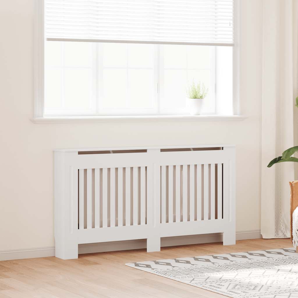White MDF radiator cover cabinet with a modern slatted design and spacious top shelf.