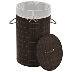 Dark brown round bamboo laundry hamper with removable liner and sturdy handles.