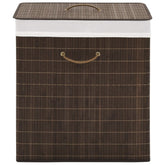 Dark brown rectangular bamboo laundry hamper with removable liner and sturdy handles.