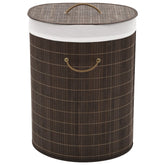 Dark brown oval bamboo laundry hamper with removable liner and sturdy handles.