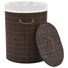 Dark brown oval bamboo laundry hamper with removable liner and sturdy handles.