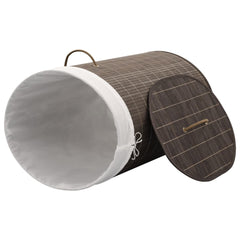 Dark brown oval bamboo laundry hamper with removable liner and sturdy handles.