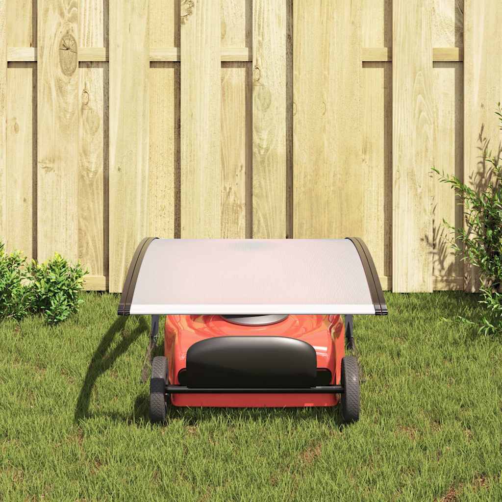 Black and silver robot lawn mower garage roof with sloped canopy on stands, 30x41x18 inches.