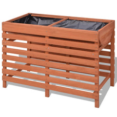 Brown wooden raised planter made of Chinese fir, with two lined compartments, 39.3x19.6x27.9 inches.