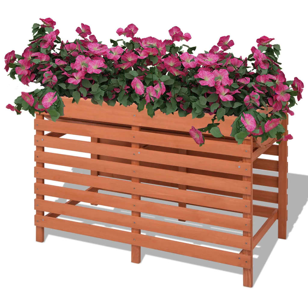 Brown Chinese fir wooden raised planter box measuring 39.3x19.6x27.9 inches with slatted sides.
