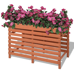 Brown Chinese fir wooden raised planter box measuring 39.3x19.6x27.9 inches with slatted sides.
