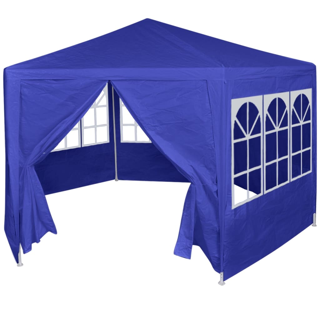 A blue hexagonal marquee tent with two open sides and four sides with decorative windows.