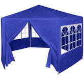 A blue hexagonal marquee tent with two open sides and four sides with decorative windows.