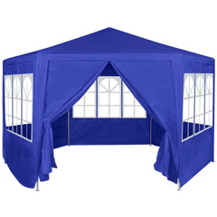 A blue hexagonal marquee tent with six side walls and decorative windows.