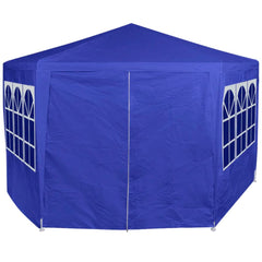 Blue hexagonal marquee tent with six side walls and decorative windows.