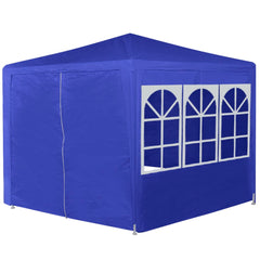 Blue hexagonal marquee tent with 6 side walls and window panels, 6.6'x6.6'.
