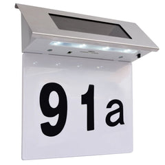 Stainless steel solar LED house number sign displaying "91a" with waterproof design and integrated lights.
