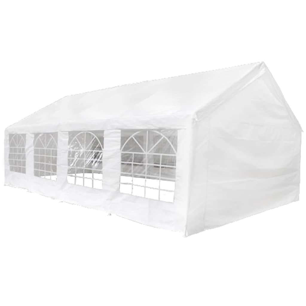 White outdoor party tent marquee with two wall panels and a zipped roll-up doorway.