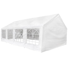 White outdoor party tent marquee with two wall panels and a zipped roll-up doorway.