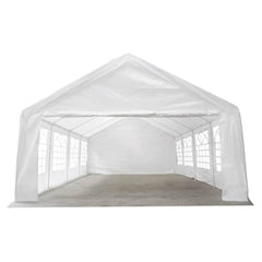 White outdoor party tent marquee with a sturdy steel frame and decorative window panels.