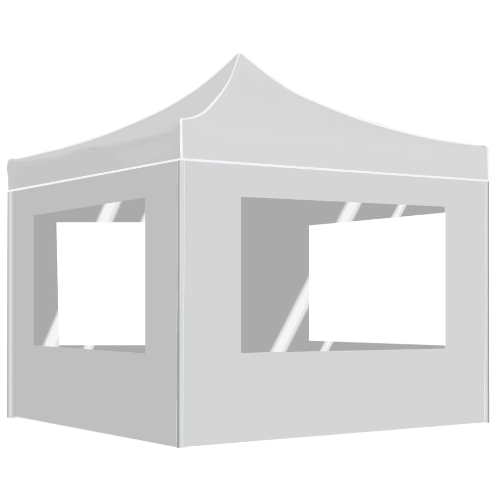 White 10x10 folding party tent with aluminum frame and clear window walls.