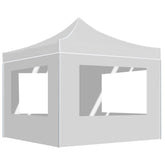 White 10x10 folding party tent with aluminum frame and clear window walls.