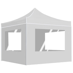 White 10x10 folding party tent with aluminum frame and clear window walls.