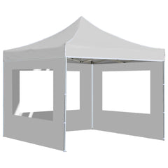White 10x10 folding party tent with aluminum frame and enclosed walls.