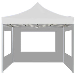 White 10x10 folding party tent with aluminum frame and enclosed walls featuring clear windows.