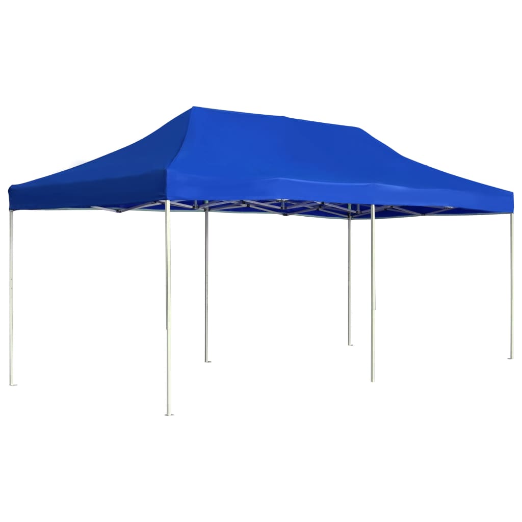 Blue 19.7'x9.8' aluminum folding party tent with peaked canopy and frame.