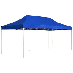 Blue 19.7'x9.8' aluminum folding party tent with peaked canopy and frame.