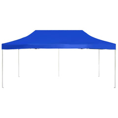 Blue aluminum folding party tent measuring 19.7 by 9.8 feet with a canopy and metal legs.