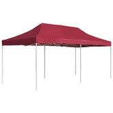 A wine red folding party tent with a silver aluminum frame.