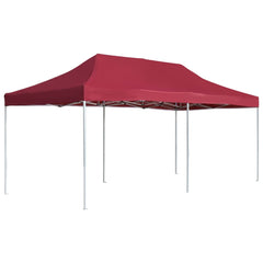 A wine red folding party tent with a silver aluminum frame.