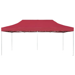 A wine red folding party tent with a silver aluminum frame.