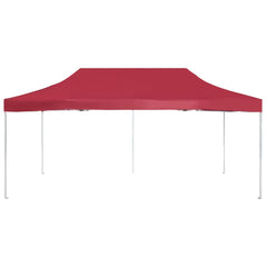 Wine red aluminum folding party tent, 19.7 feet by 9.8 feet, with peaked roof and white legs.