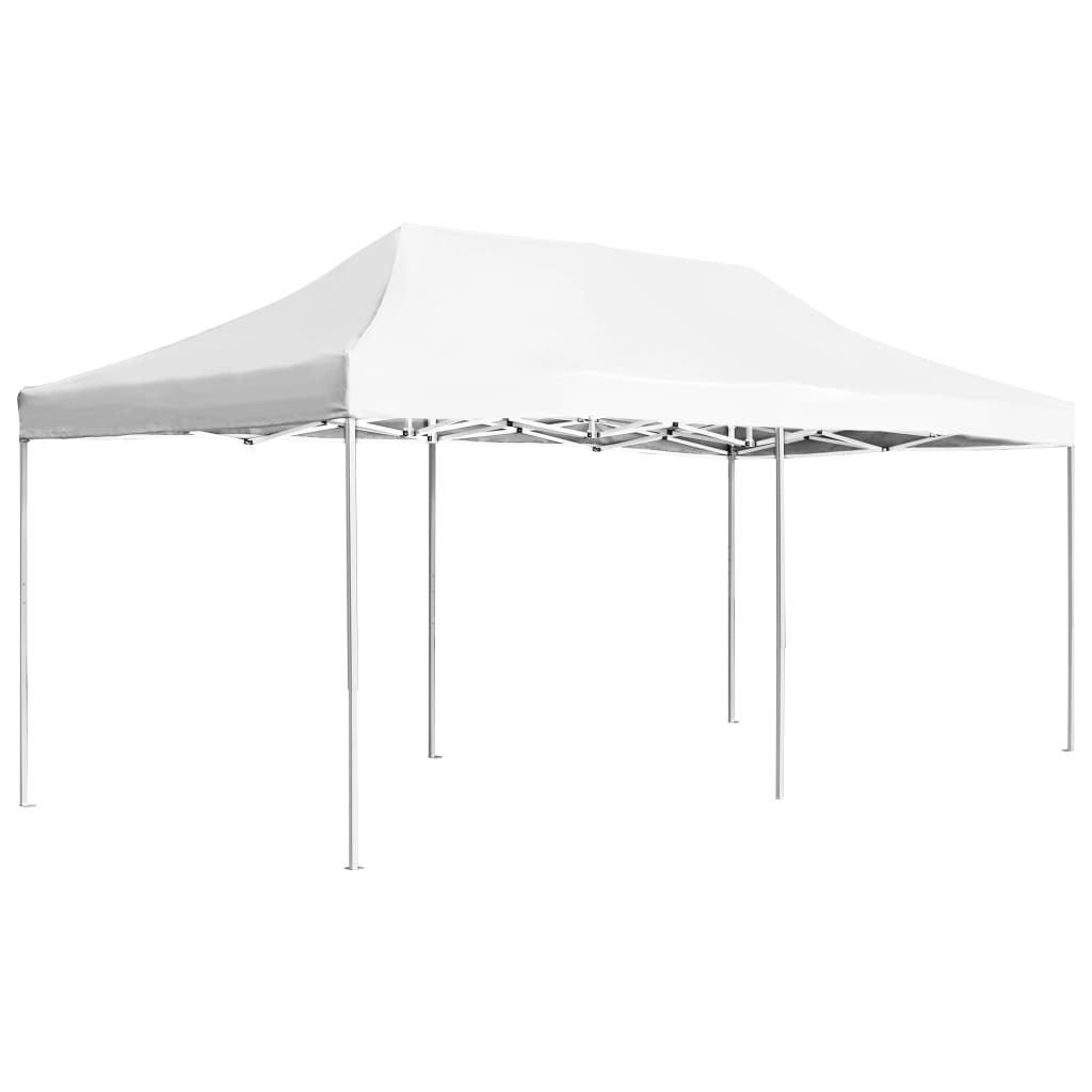 White 19.7'x9.8' aluminum folding party tent with sloped roof and sturdy frame.