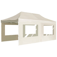 Cream 20'x10' folding party tent with aluminum frame and PVC window walls.