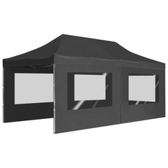 Anthracite folding party tent with walls and PVC windows, aluminum frame, 19.7 by 9.8 feet.