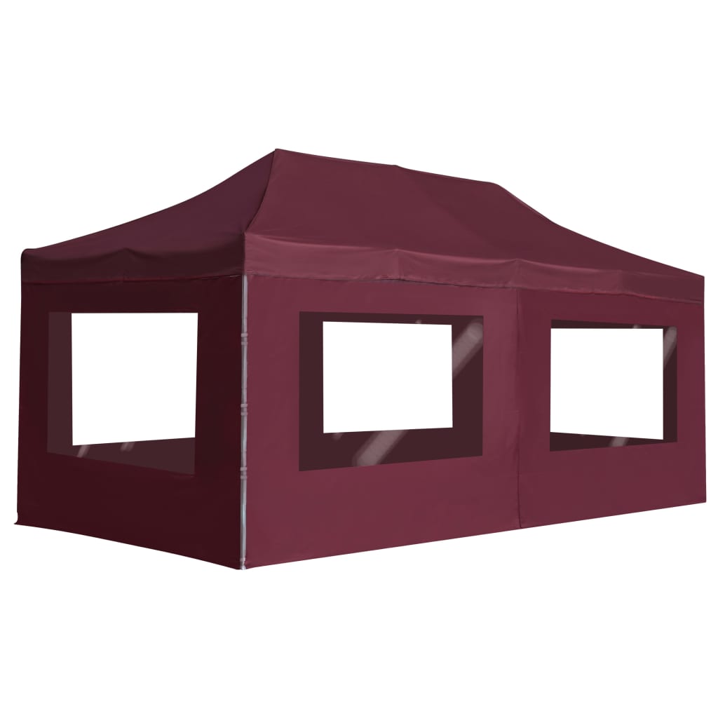 Wine red aluminum folding party tent, 19.7'x9.8' with walls and PVC windows.