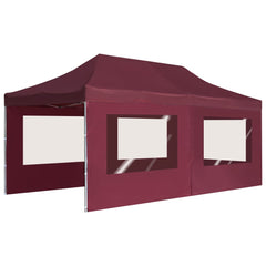Wine red aluminum folding party tent with three walls and clear windows, 19.7 by 9.8 feet.