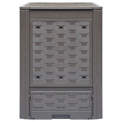 Brown plastic rattan garden composter with woven texture and hinged lid, 79.3 gallons.