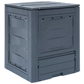 Gray plastic garden composter with 68.7-gallon capacity and split-lid design.