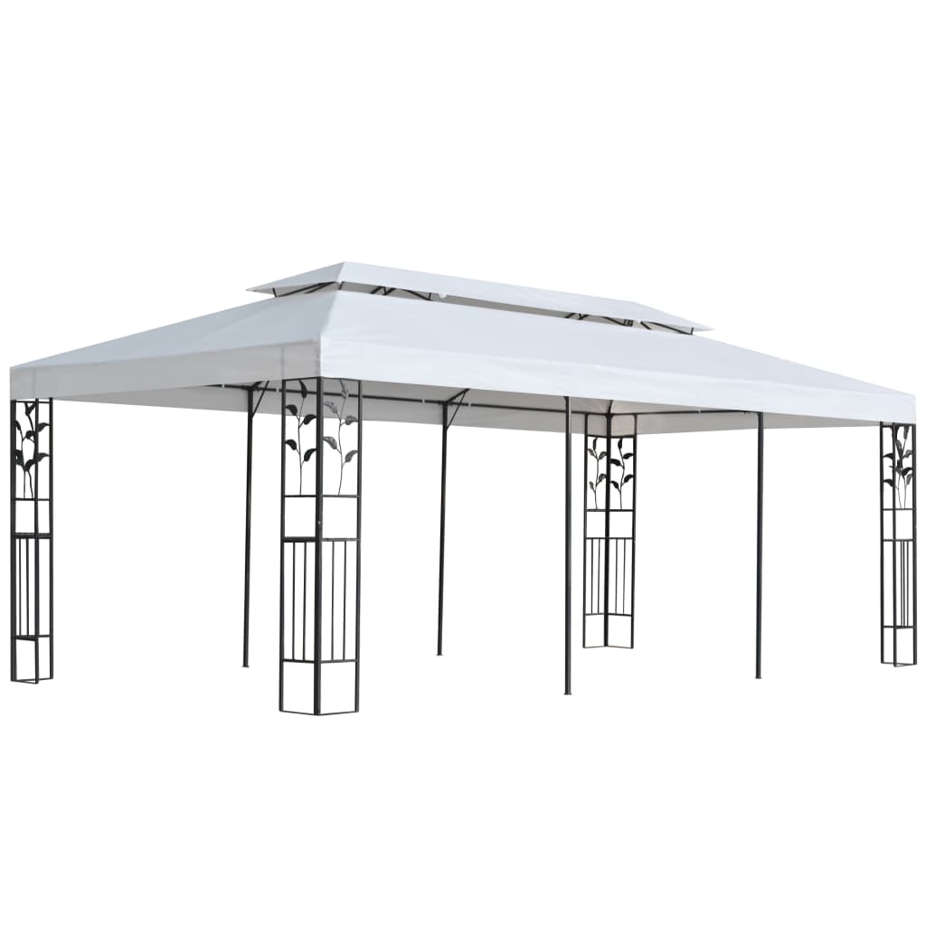 White outdoor gazebo with powder-coated steel frame and floral details, 9.8x19.7 ft size.