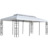 White outdoor gazebo with powder-coated steel frame and floral details, 9.8x19.7 ft size.