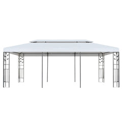 White powder-coated steel gazebo, 9.8x19.7 ft, with ornate floral details and vented roof.