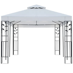 White outdoor gazebo with powder-coated steel frame and floral accents, measuring 9.8x19.7 ft.