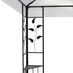 White outdoor gazebo with powder-coated steel frame and floral design, polyester roof canopy.