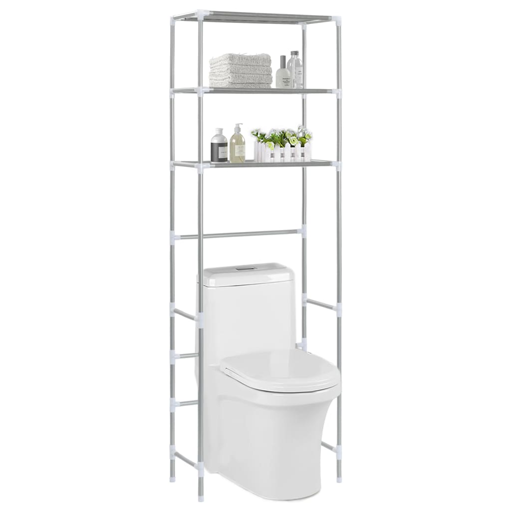Silver stainless steel 3-tier over-toilet storage rack, 66.5 inches tall, with shelves holding towels and toiletries.
