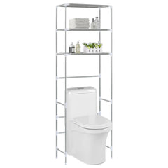Silver stainless steel 3-tier over-toilet storage rack, 66.5 inches tall, with shelves holding towels and toiletries.